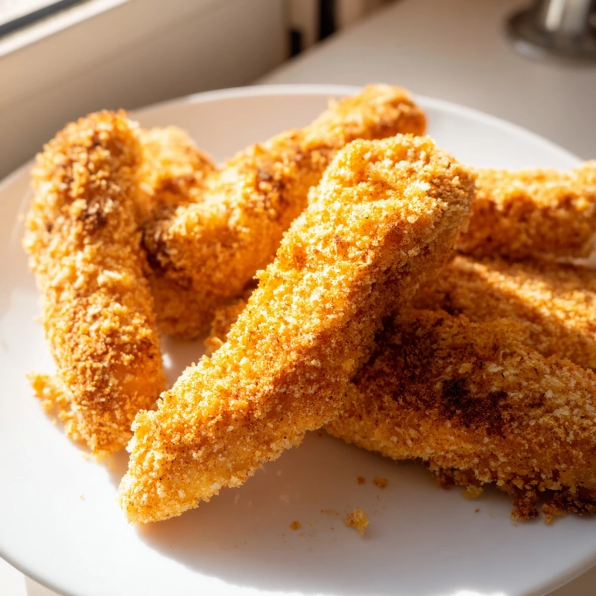 Crispy Panko Crusted Chicken Strips served hot with ranch dressing and lemon wedges on the side.