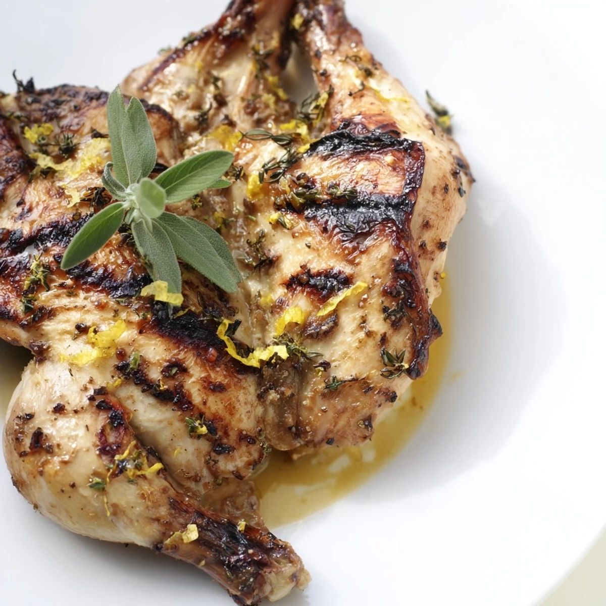 Golden, crispy-skinned BBQ Roast Lemon and Oregano Chicken resting on a platter, garnished with lemon wedges and fresh oregano sprigs, ready for a family dinner.