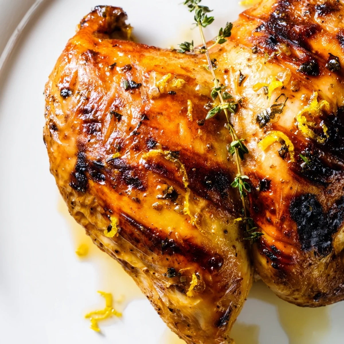 Juicy Mediterranean-style BBQ Roast Lemon and Oregano Chicken served with grilled lemon wedges, glistening with olive oil and herbs on a rustic summer table.