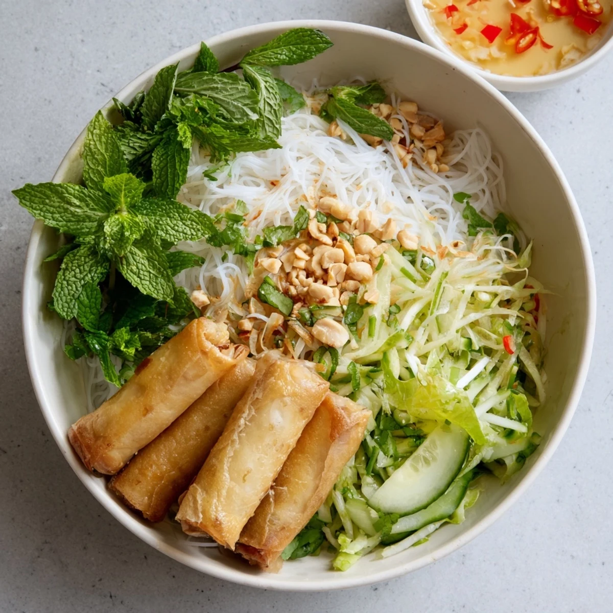 Crispy Cha Gio spring rolls rest on fresh Bun Cha Gio noodles with herbs, cucumbers, and peanuts, drizzled with nuoc cham.
