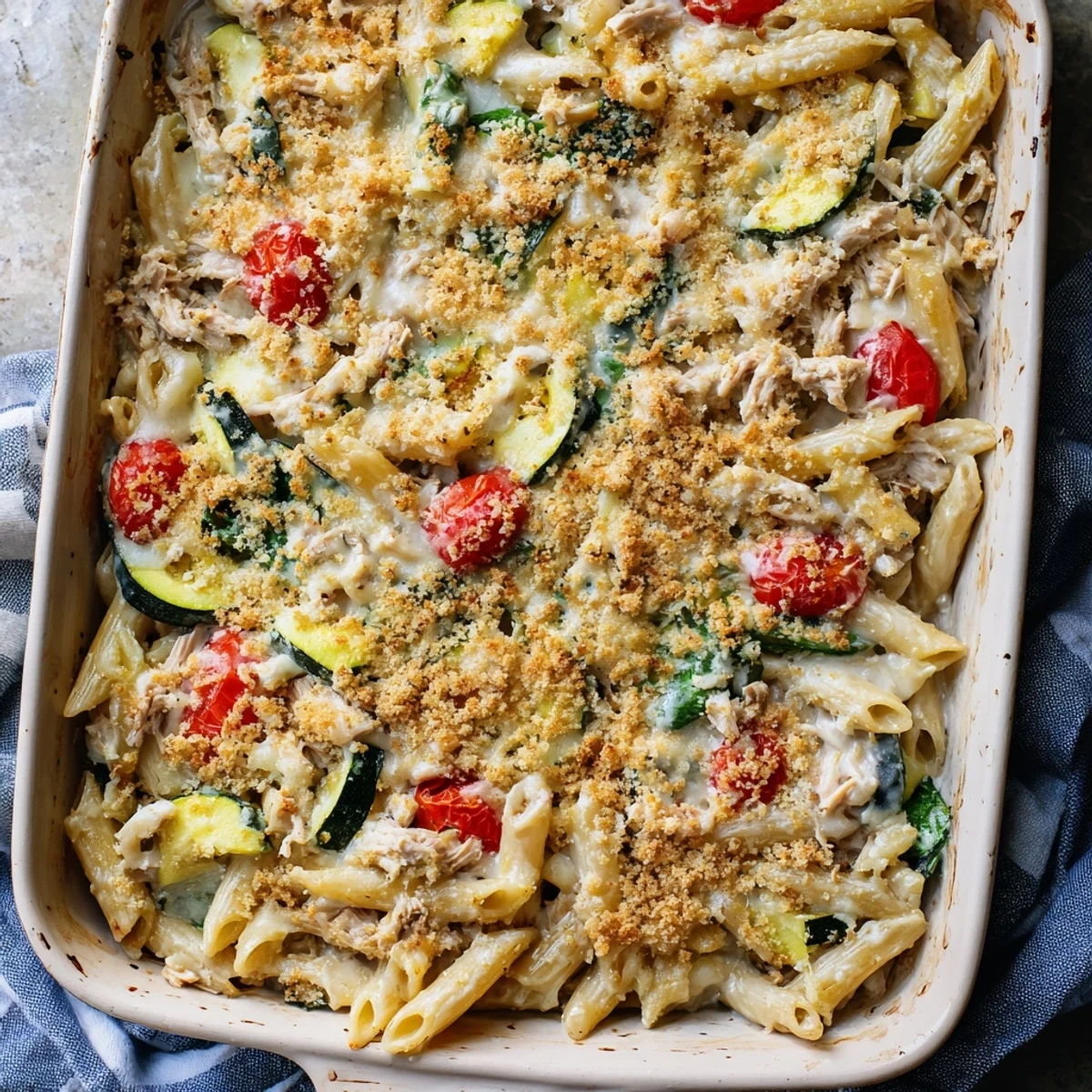 Fork lifting a cheesy bite of Lactose-Free Tuna and Veggie Pasta Bake with colorful vegetables.  