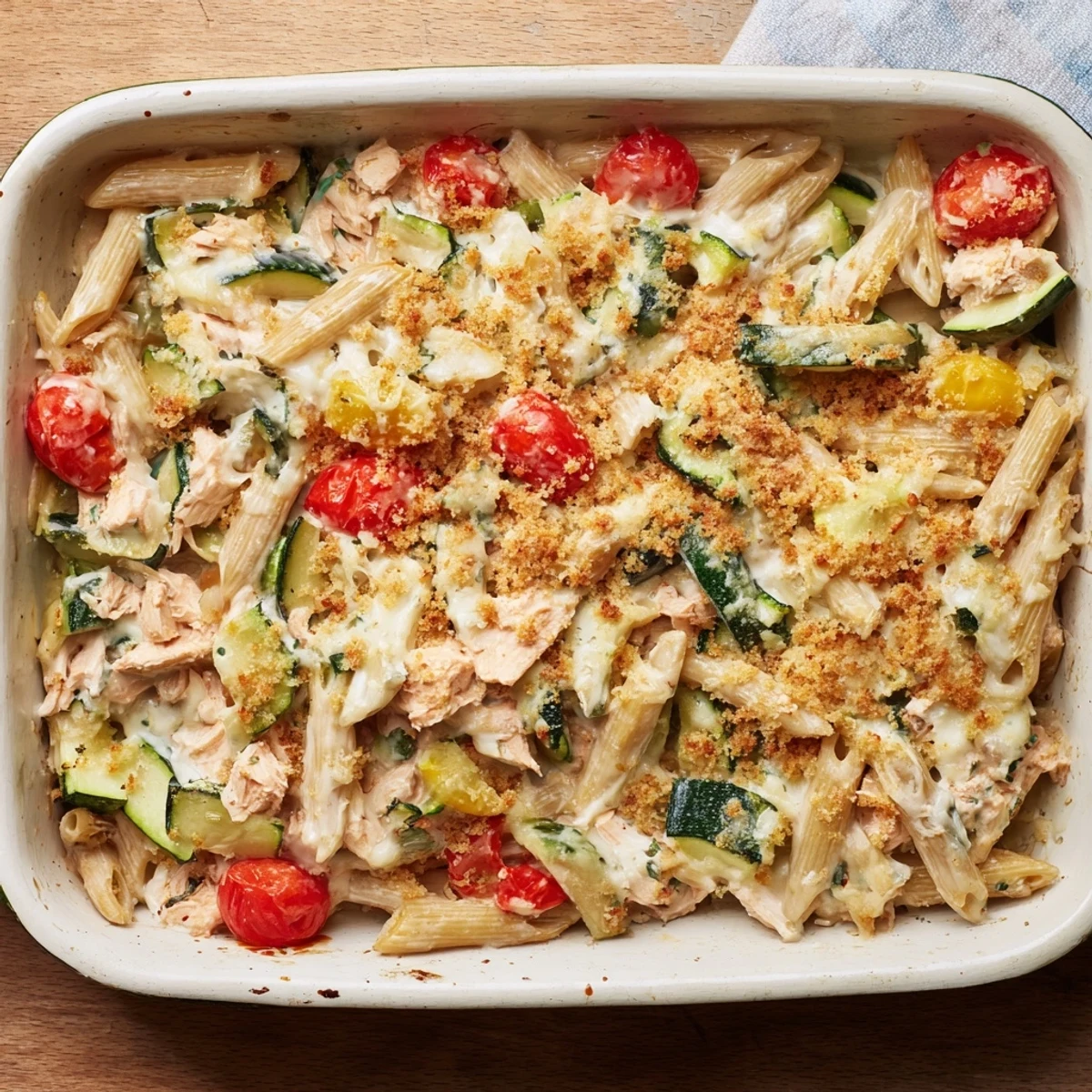 Golden, bubbling Lactose-Free Tuna and Veggie Pasta Bake fresh from the oven, ready to serve.  