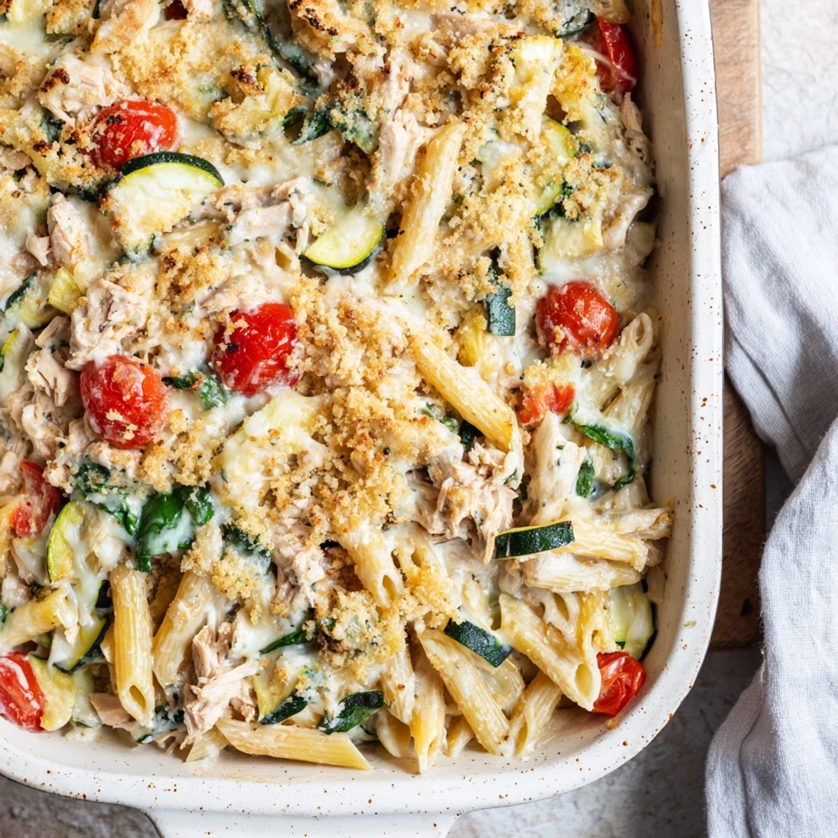 Close-up of a creamy slice of Lactose-Free Tuna and Veggie Pasta Bake on a plate.