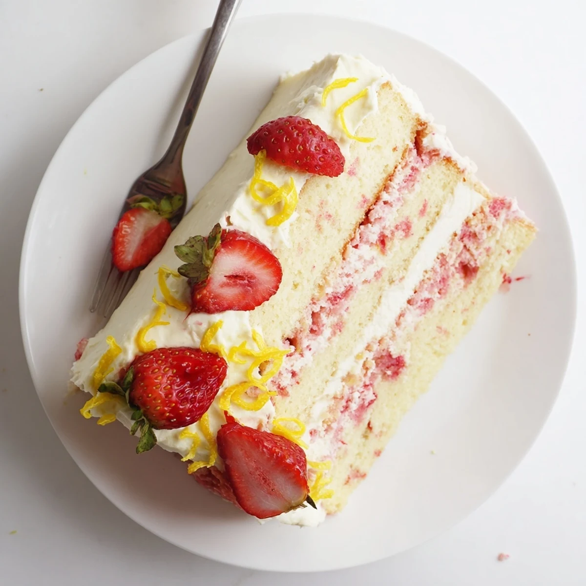 Strawberry Lemonade Cake With Creamy Lemon Buttercream on a cake stand, ready to serve with sparkling lemonade on the side.
