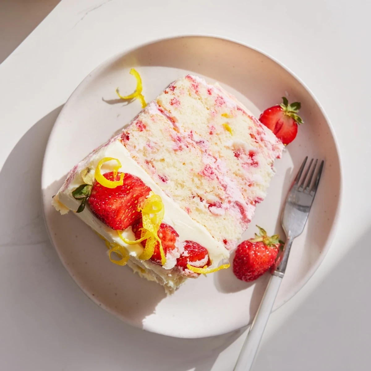 A slice of Strawberry Lemonade Cake With Creamy Lemon Buttercream on a white plate, garnished with fresh strawberries and lemon zest curls.
