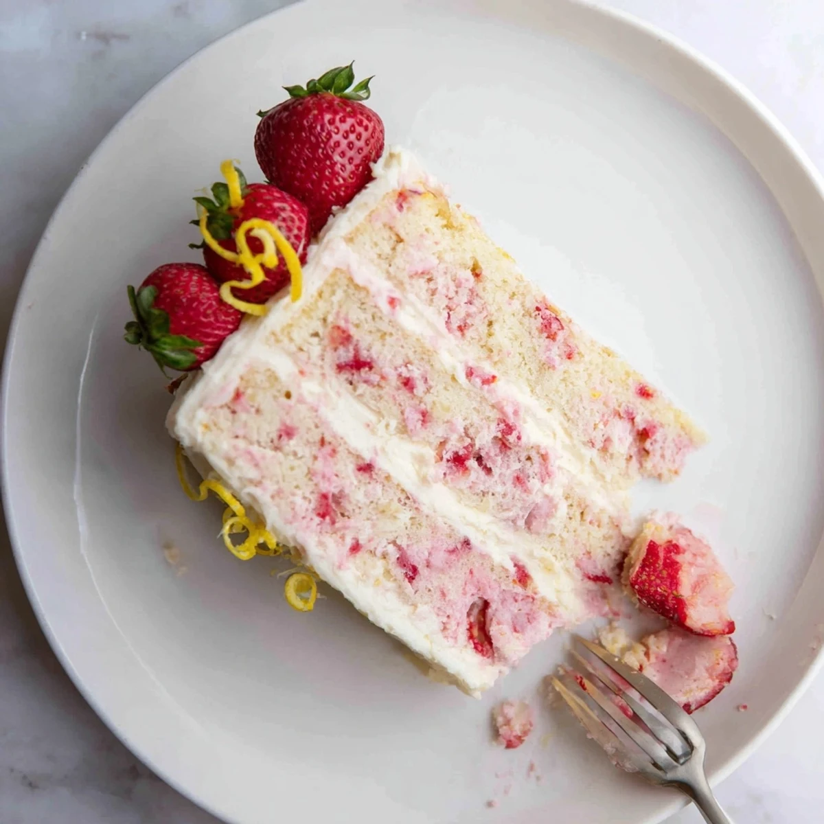 Frosted layers of Strawberry Lemonade Cake With Creamy Lemon Buttercream, showing a moist crumb and tangy, luscious lemon frosting.