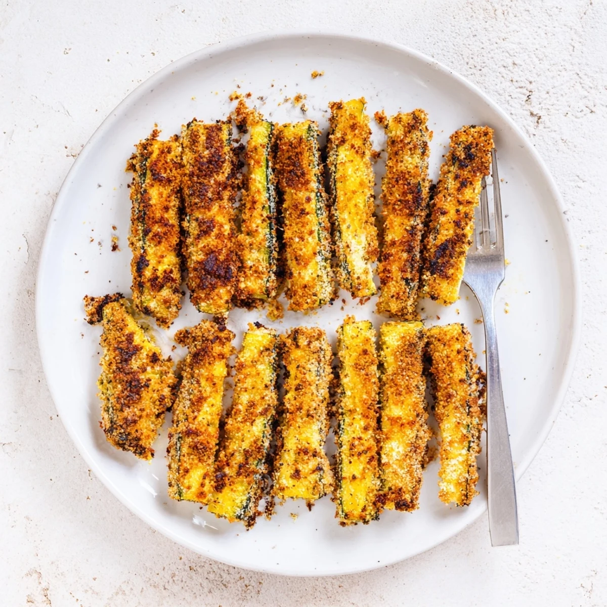 Golden-brown Keto Baked Parmesan Zucchini Fries on a plate, crispy outside and tender inside, ready for dipping.