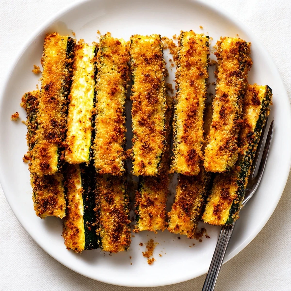 A close-up view shows golden Keto Baked Parmesan Zucchini Fries with herbs, stacked on a rustic wooden board.