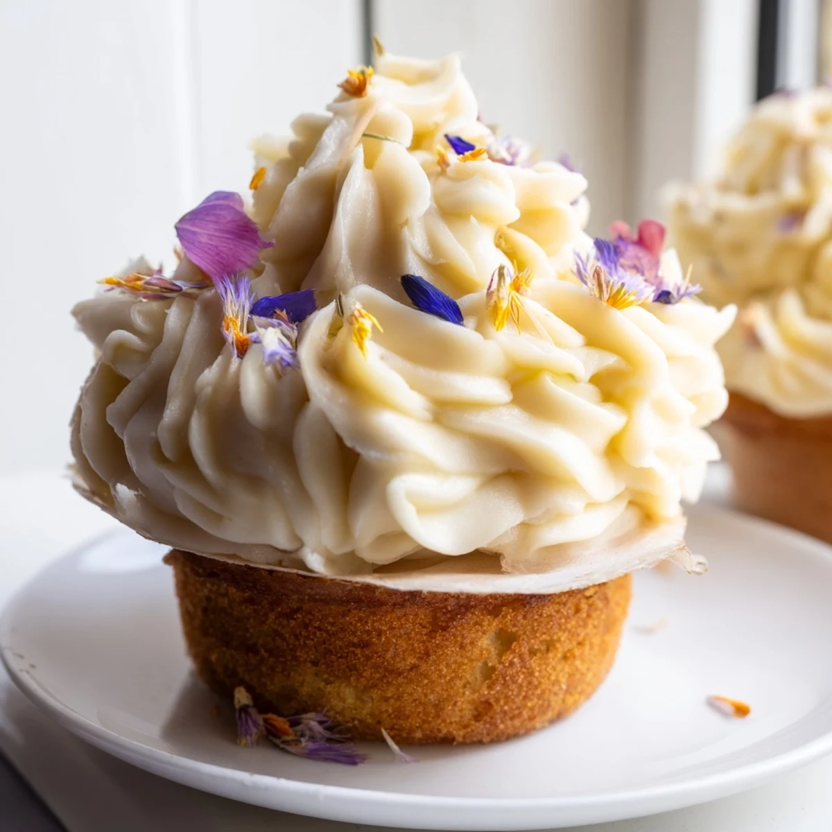 A close-up photo of fluffy Elderflower Cupcakes topped with creamy buttercream and edible flowers, perfect for a spring dessert table.