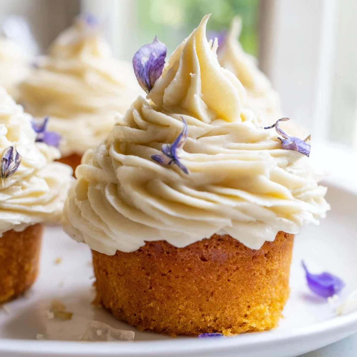 Freshly baked Elderflower Cupcakes on a rustic wooden board, glistening with syrup and dusted with lemon zest for a bright aroma.