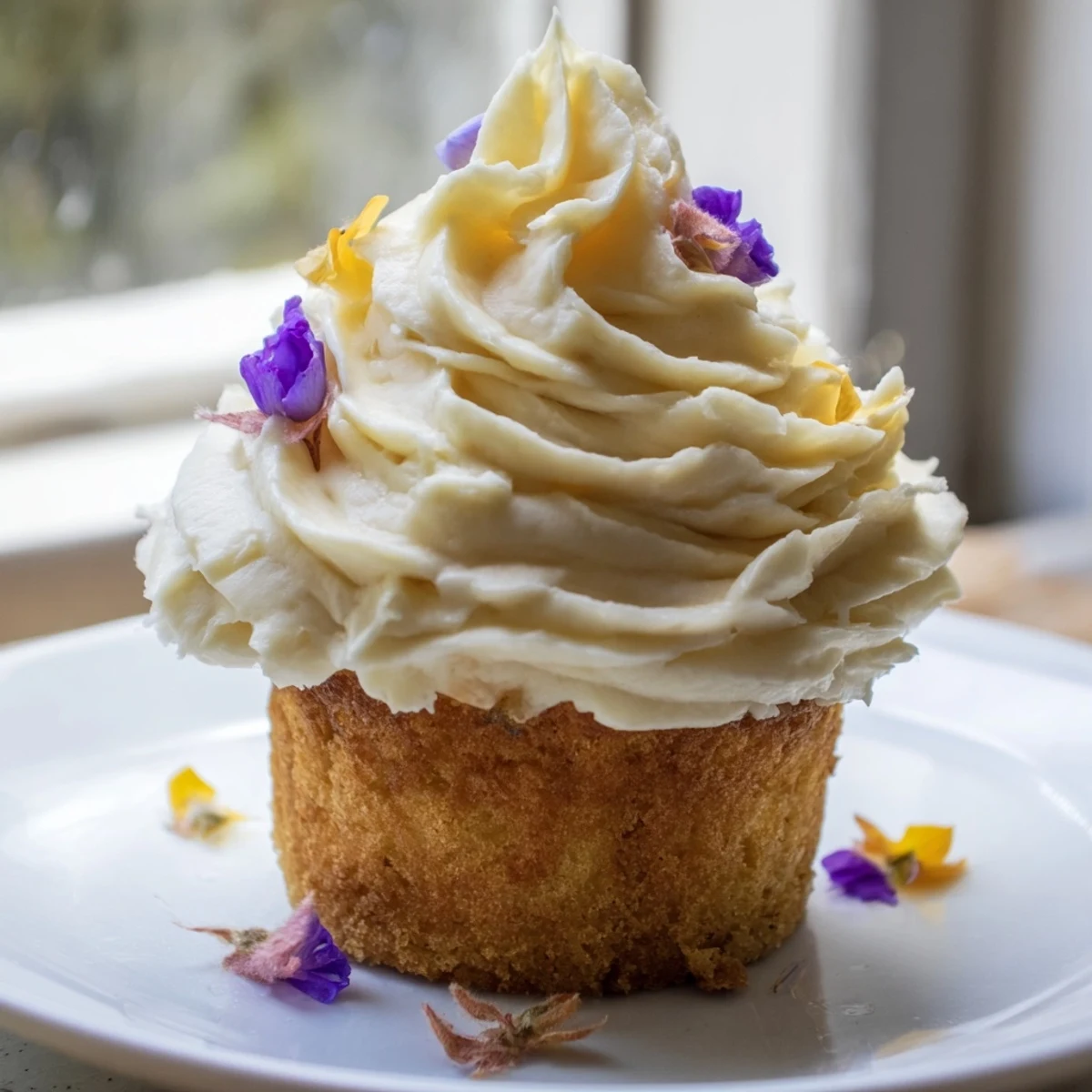 Golden-brown Elderflower Cupcakes arranged on a white ceramic plate, ready to be served with a cup of hot Earl Grey tea.