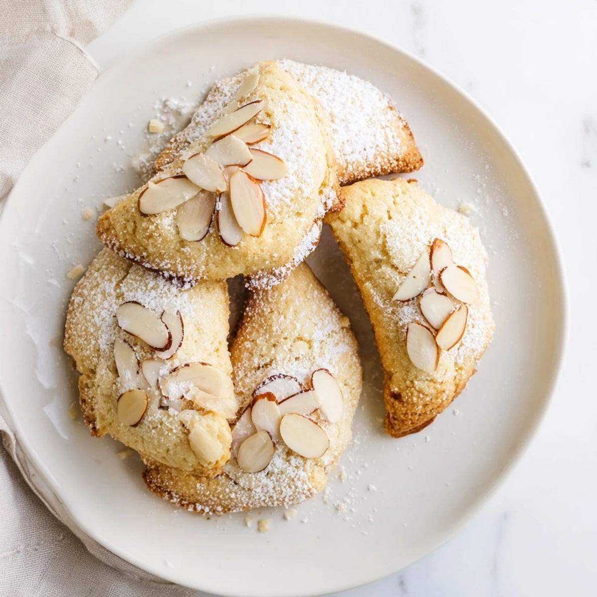 Freshly baked Almond Croissant Cookies arranged on a cooling rack, dusted with powdered sugar and topped with sliced almonds.