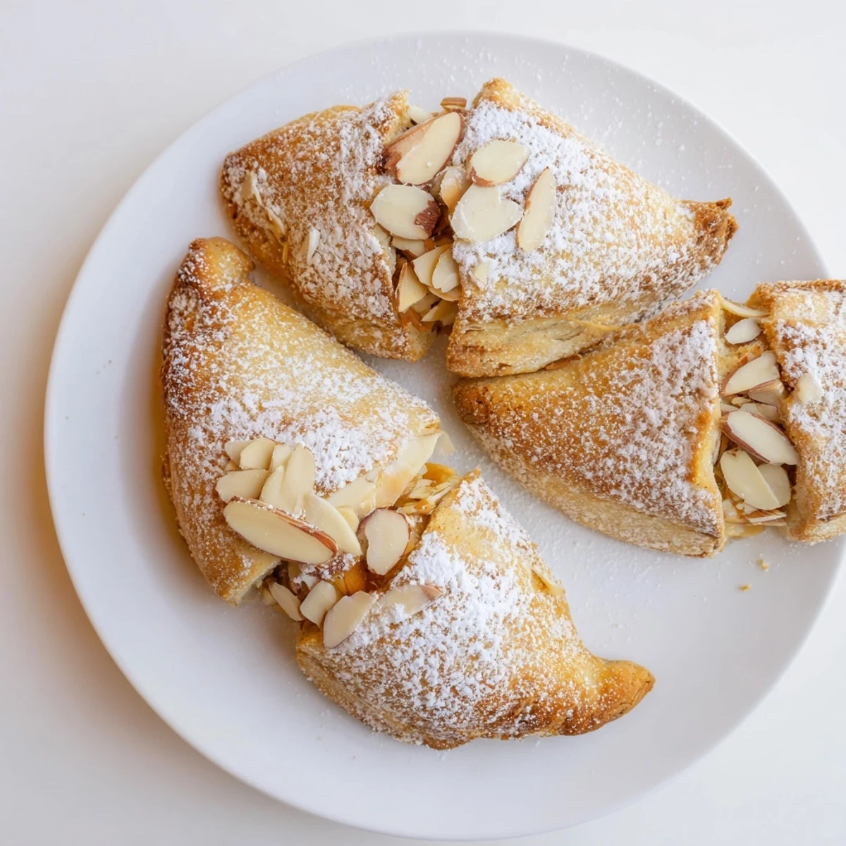 Close-up of Almond Croissant Cookies showing a buttery crescent shape and flaky texture, perfect for serving with tea.