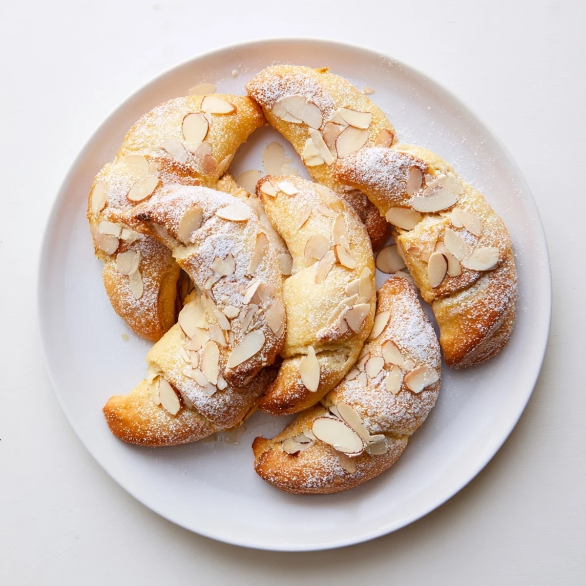 Golden-brown Almond Croissant Cookies with a tender almond filling displayed on a rustic wooden board beside a coffee mug.