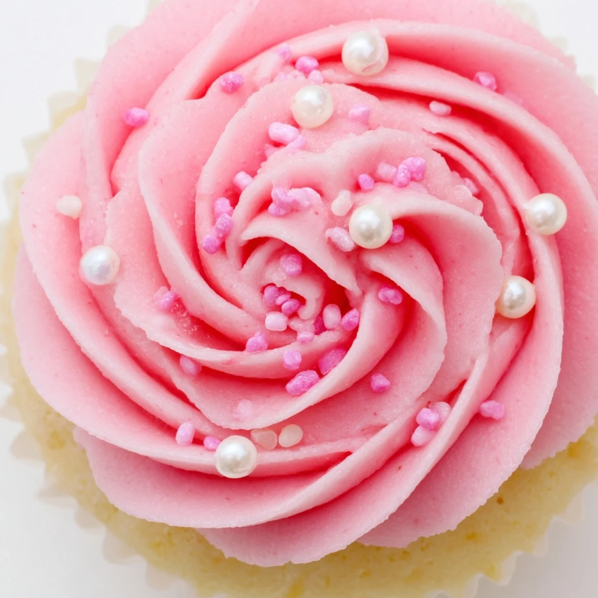 Individual Girl Baby Shower Cupcakes with fluffy pink frosting and tiny sprinkles arranged on a decorative serving tray.
