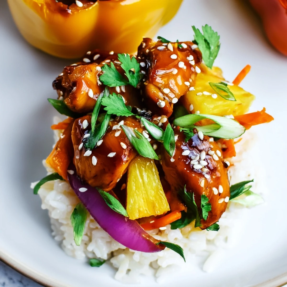 Golden-brown baked Teriyaki Pineapple Chicken and Rice Stuffed Peppers served hot with sesame seed garnish.  