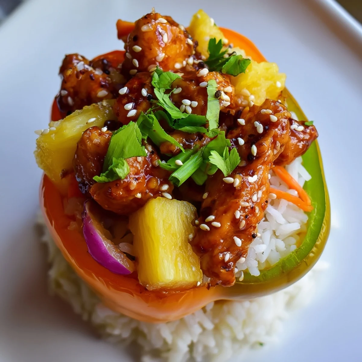 Close-up of juicy pineapple and tender chicken inside a baked bell pepper, glazed with teriyaki sauce.