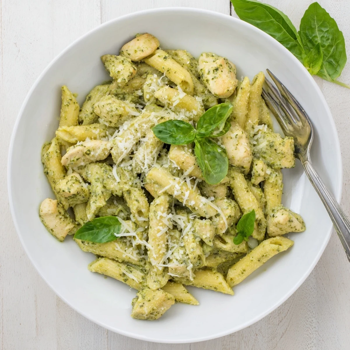 Golden chicken pieces and penne pasta coated in a creamy green basil pesto sauce, served in a white bowl.