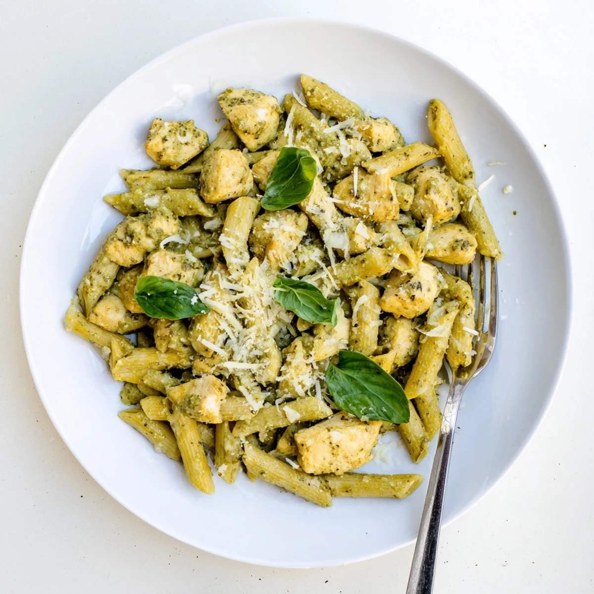 A close-up of Creamy Pesto Chicken Pasta with fresh basil garnish and grated Parmesan, steaming on a rustic wooden table.