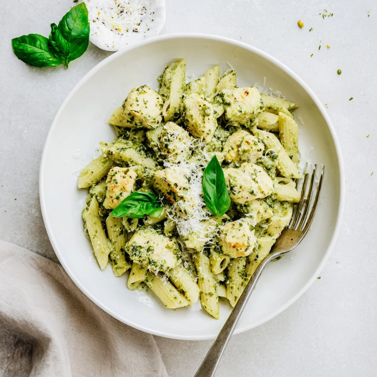 One bite of this easy weeknight dinner reveals tender chicken and al dente pasta in a rich, cheesy pesto cream.