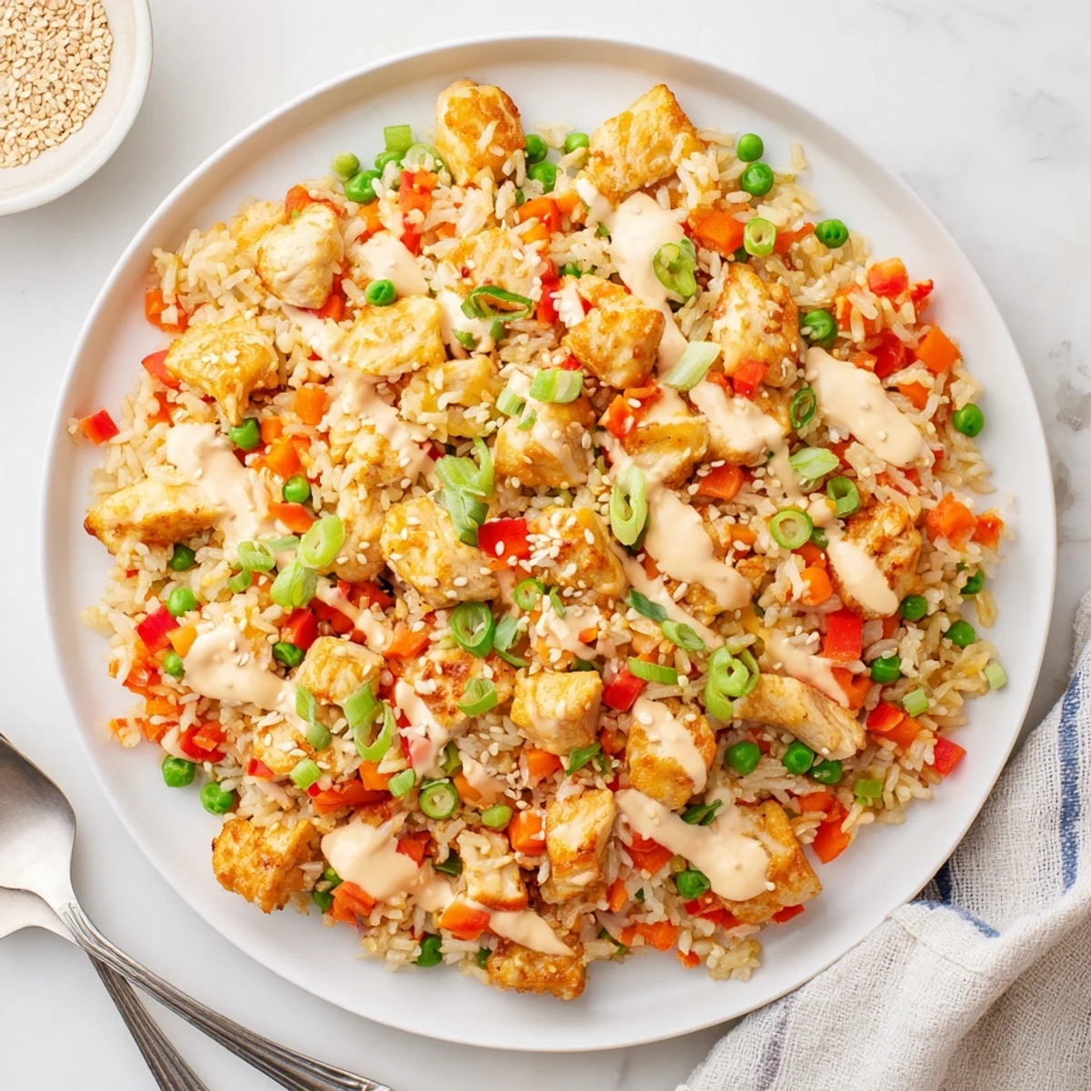Steaming Bang Bang Fried Rice with creamy sauce drizzled over colorful veggies and tender chicken.