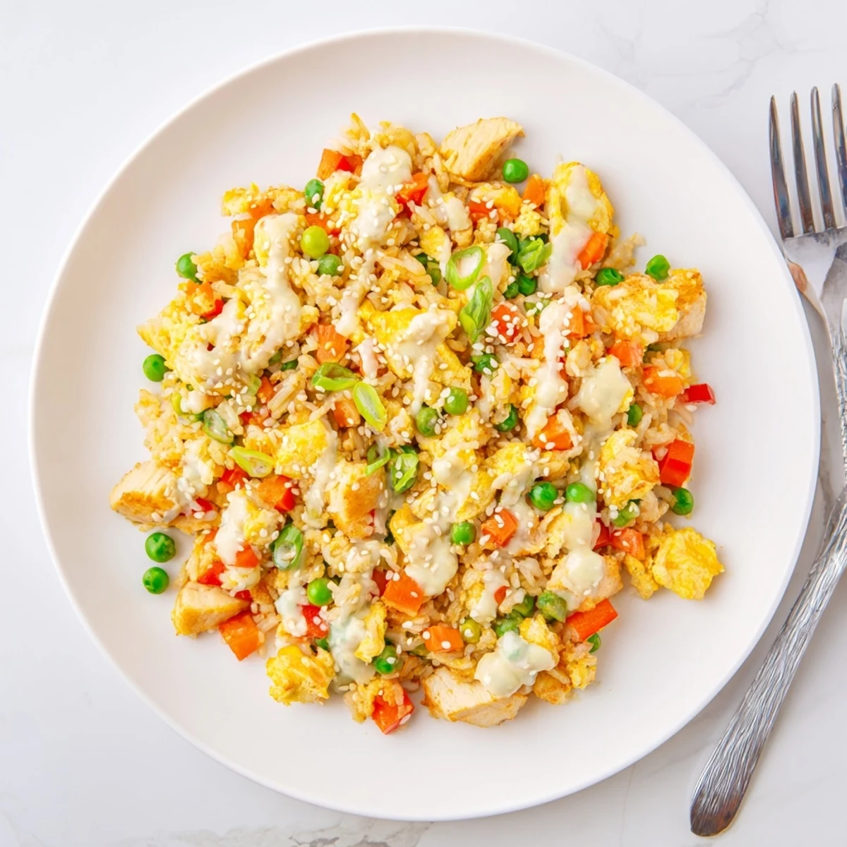 Close-up of Bang Bang Fried Rice showing fluffy grains, crispy chicken, and vibrant bell peppers.