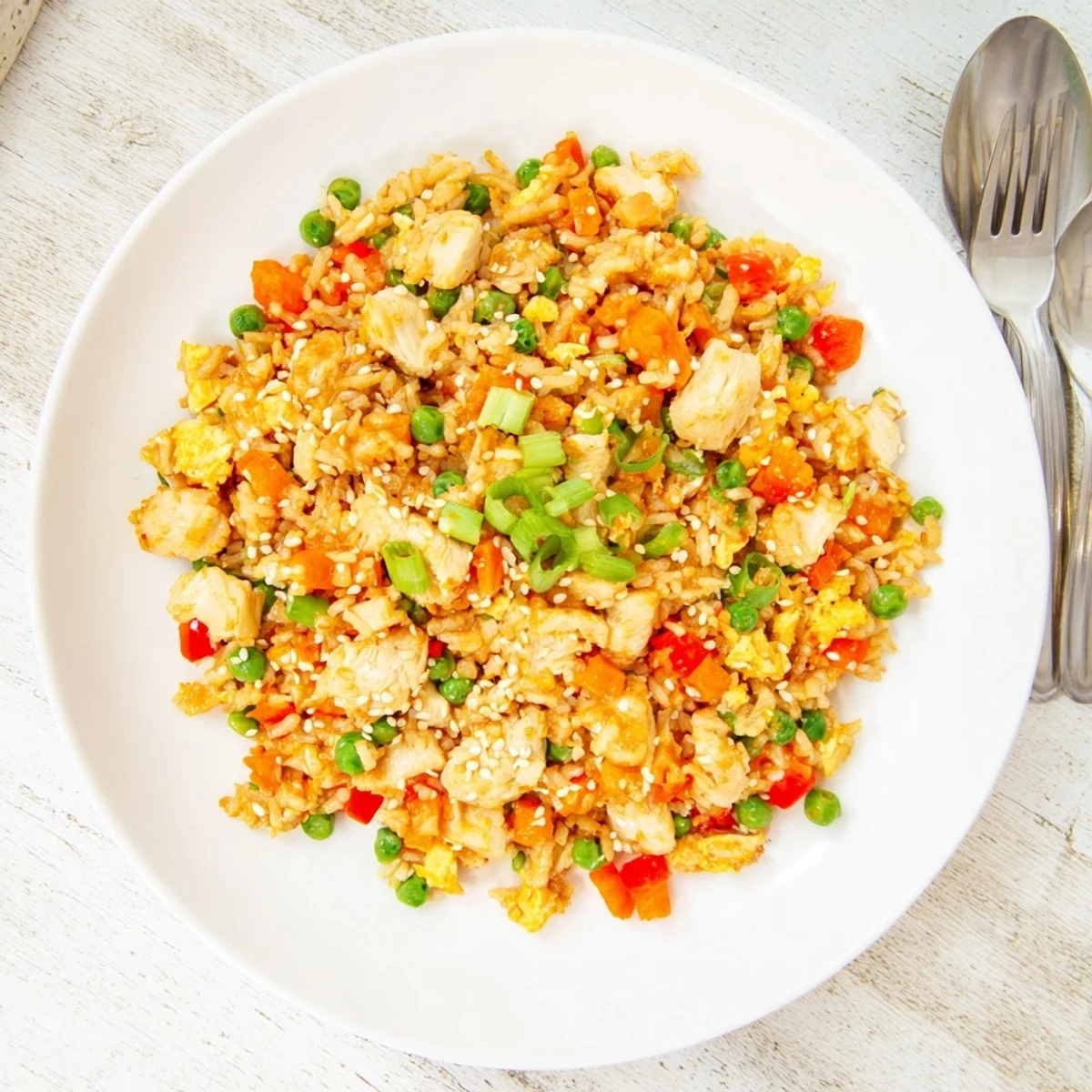 Sizzling Bang Bang Fried Rice in a skillet, garnished with sesame seeds and green onions.