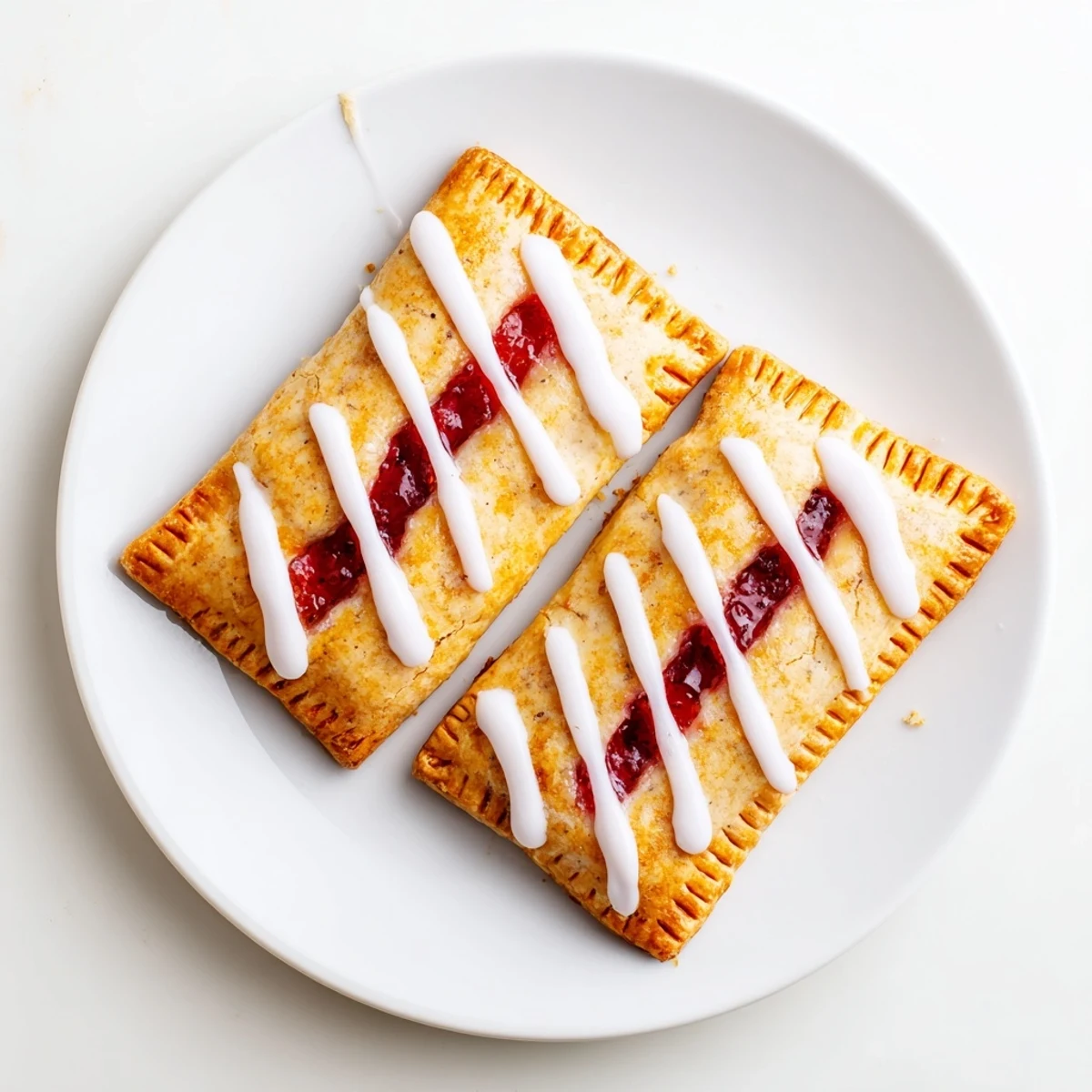 Golden-brown Protein Pop Tarts with a sweet fruit filling, drizzled with white icing on a rustic wooden table.