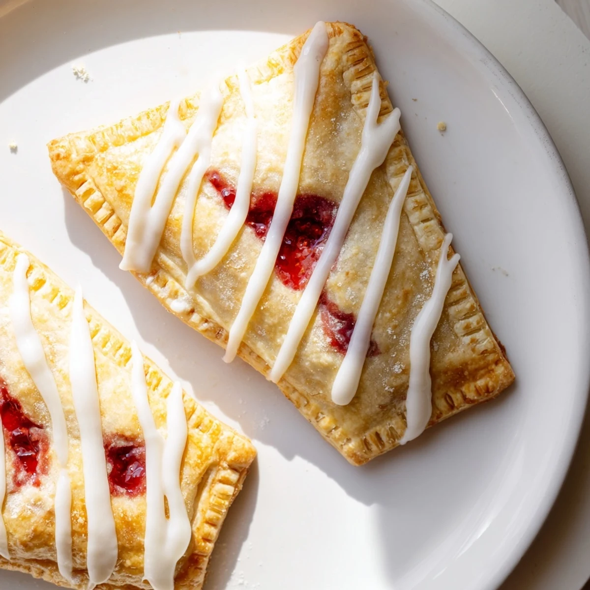 Close-up of Protein Pop Tarts with a golden pastry, fruity filling, and a delicate icing drizzle for a healthy snack.