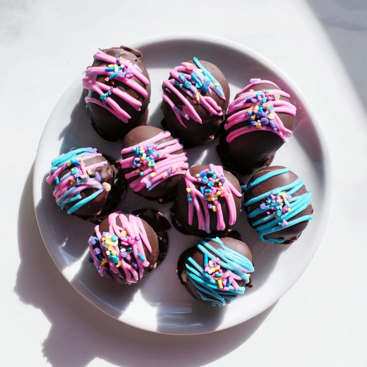 Shiny chocolate coated Easter Egg Oreo Balls on a pastel plate with sprinkles.  