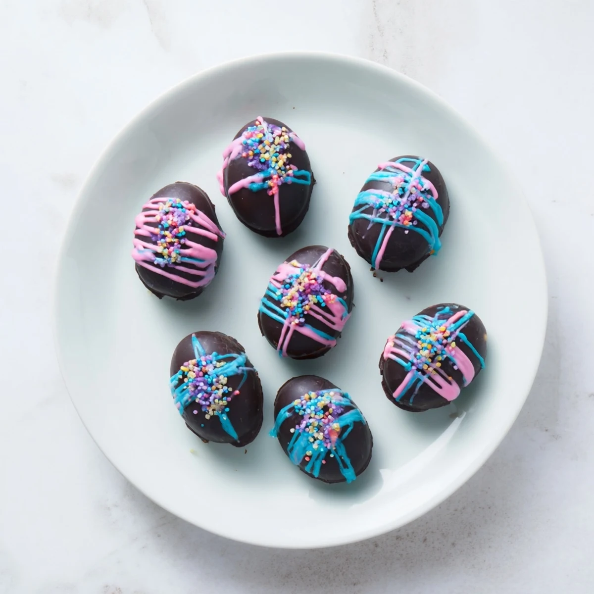 Close up view of creamy Oreo truffle Easter eggs decorated with colorful candy melt drizzles.