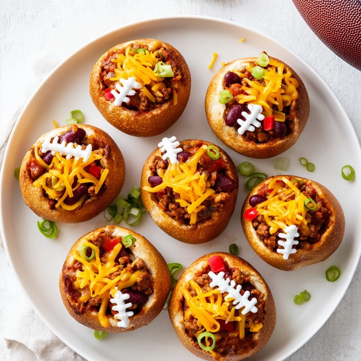 Festive mini chili football bread bowls sit on a platter, each filled with hearty beef chili and topped with melted cheddar and sour cream laces, perfect for game day.