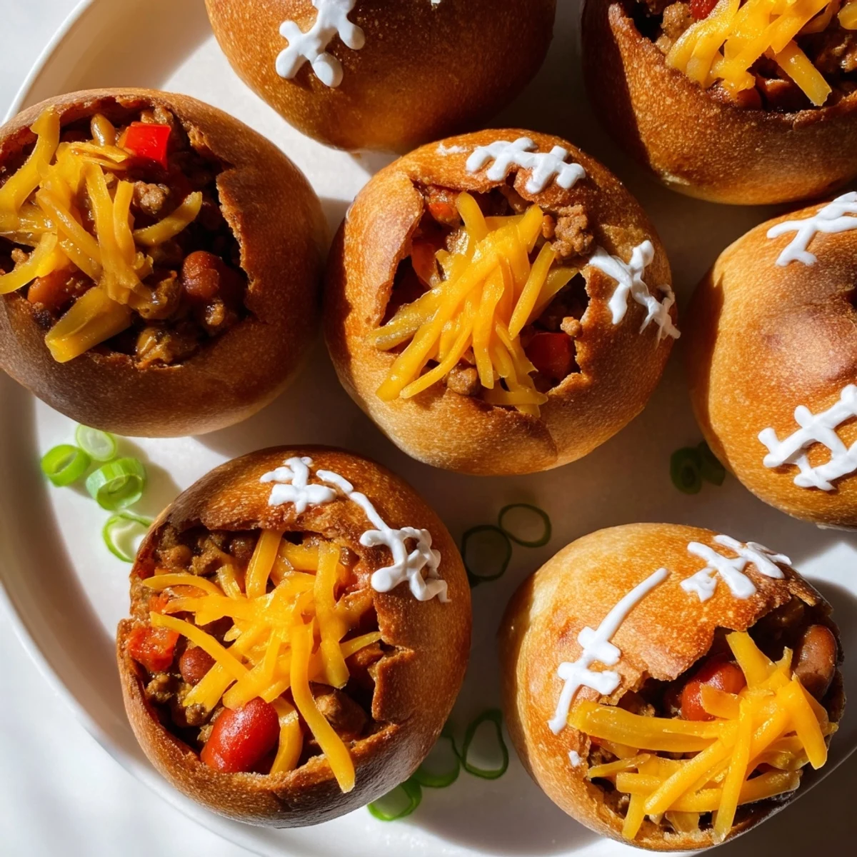A close-up of baked mini chili football bread bowls reveals golden bread shells, steaming beef and bean chili, and cheese melted over football-shaped designs for a savory snack.