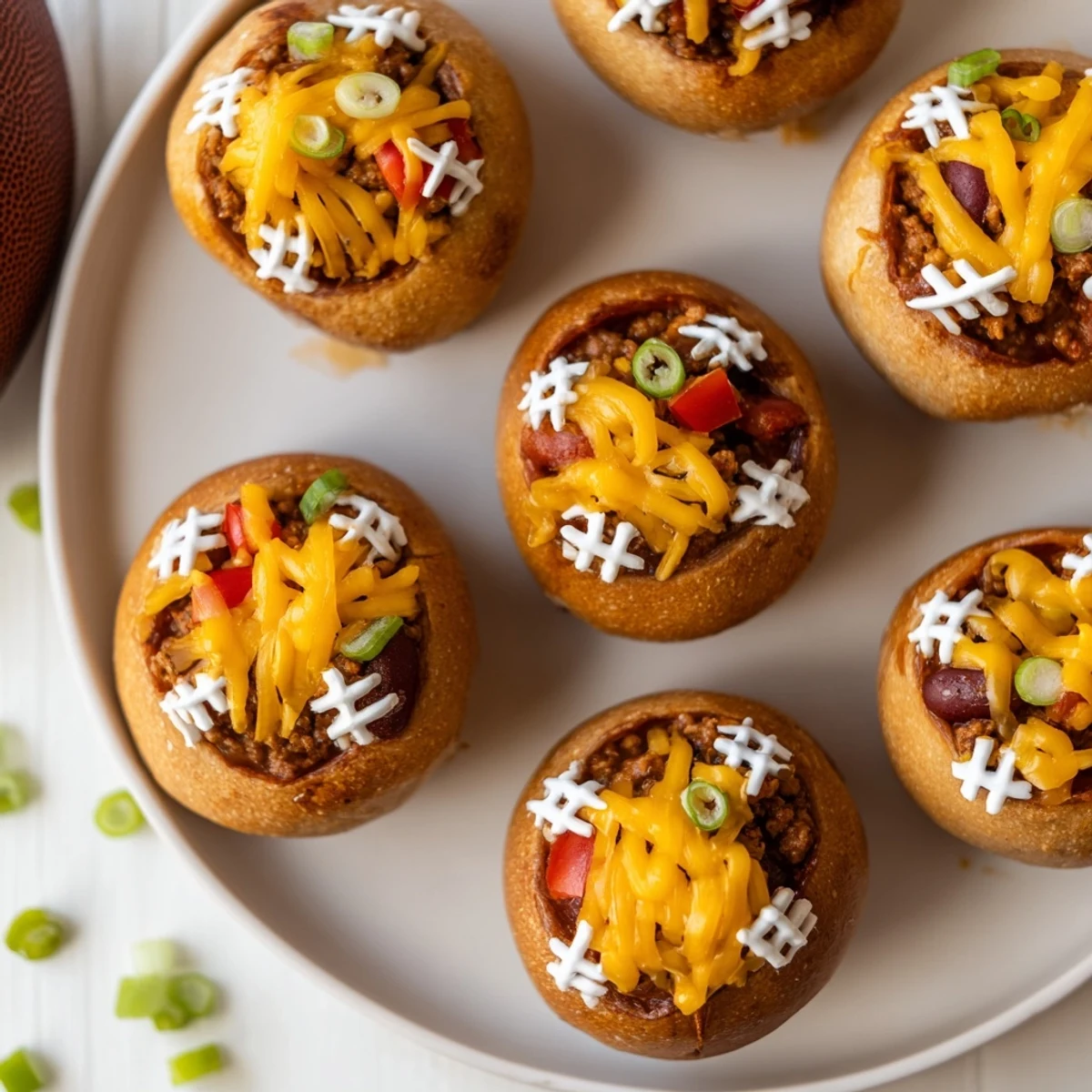 From above, a serving tray of mini chili football bread bowls shows twelve bite-sized appetizers decorated with sour cream laces, ideal for sharing during Super Bowl parties.
