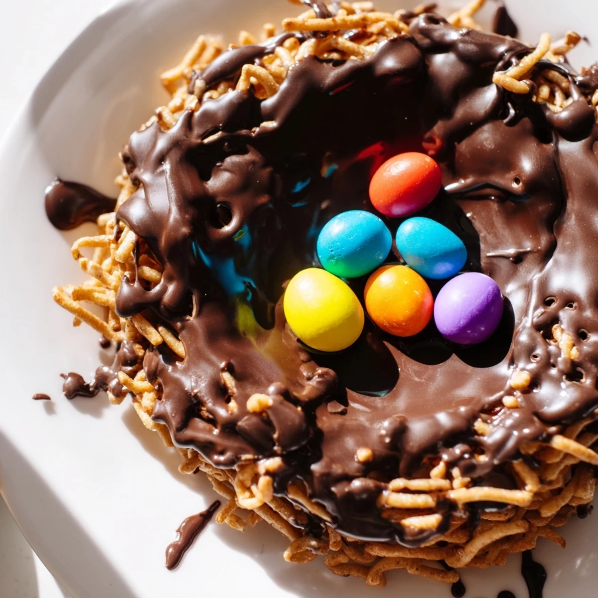 A close-up of Easter Birds Nest Cookies with Peanut Butter and Chocolate showing chewy noodles and pastel candy eggs.