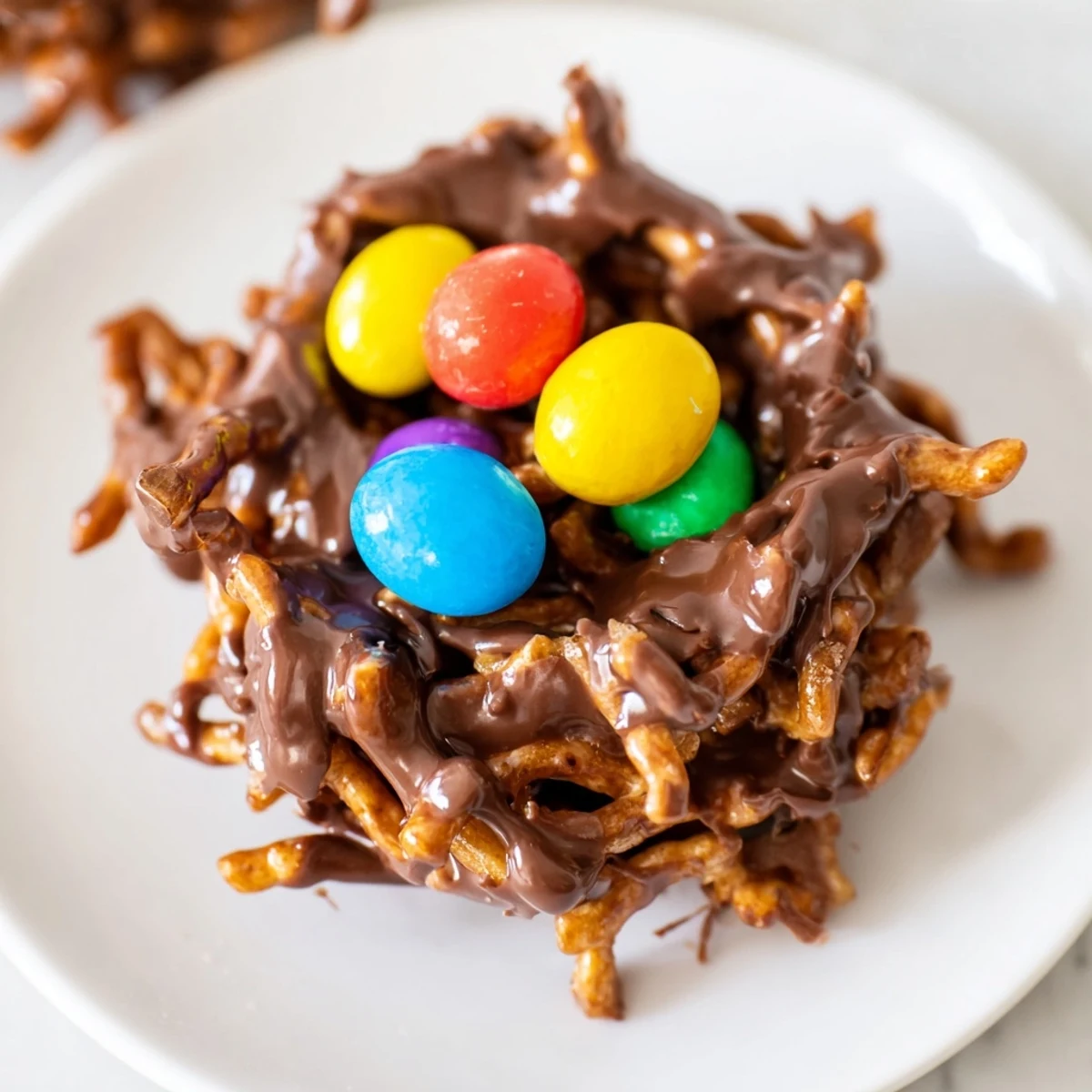 Overhead view of Easter Birds Nest Cookies with Peanut Butter and Chocolate on a marble countertop with soft light.