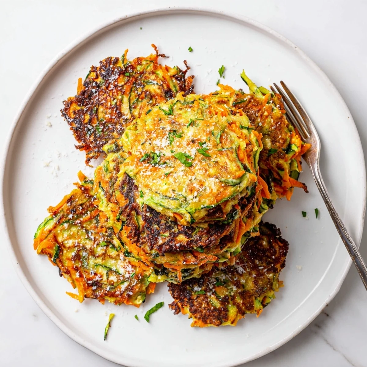 A plate of Crispy Easy Zucchini Fritters paired with a creamy dip and lemon wedges for a Mediterranean appetizer.  