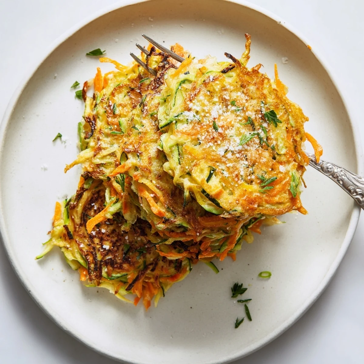 Close-up of Crispy Easy Zucchini Fritters showing a crunchy exterior and tender, green-flecked interior on a rustic table.