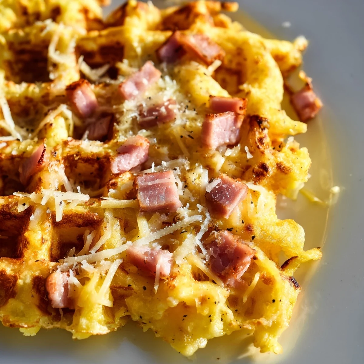 Crispy golden Ham and Cheese Chaffles topped with fresh chives and a dollop of sour cream on a rustic plate.