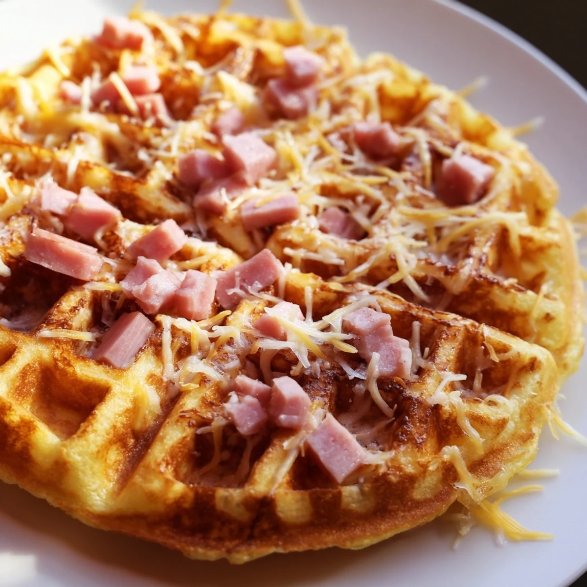 Warm Ham and Cheese Chaffles stacked high, showcasing melted cheddar and savory ham bits perfect for a low-carb snack.