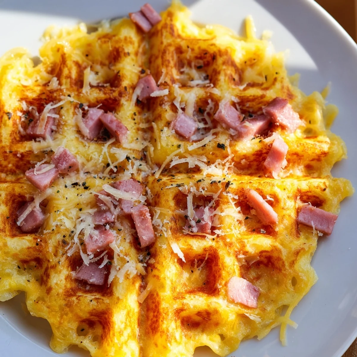 Golden-brown Ham and Cheese Chaffles served alongside a fresh green salad for a satisfying breakfast or light brunch.