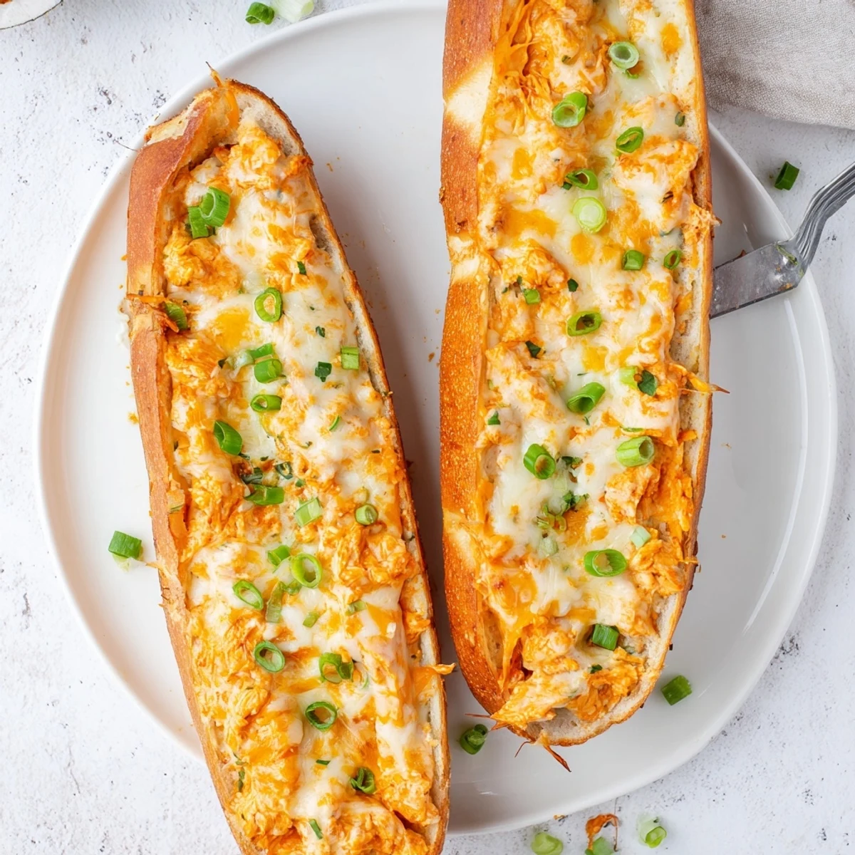 This image shows a golden baked Cheesy Buffalo Chicken Stuffed French Bread with melted cheddar and mozzarella on top.