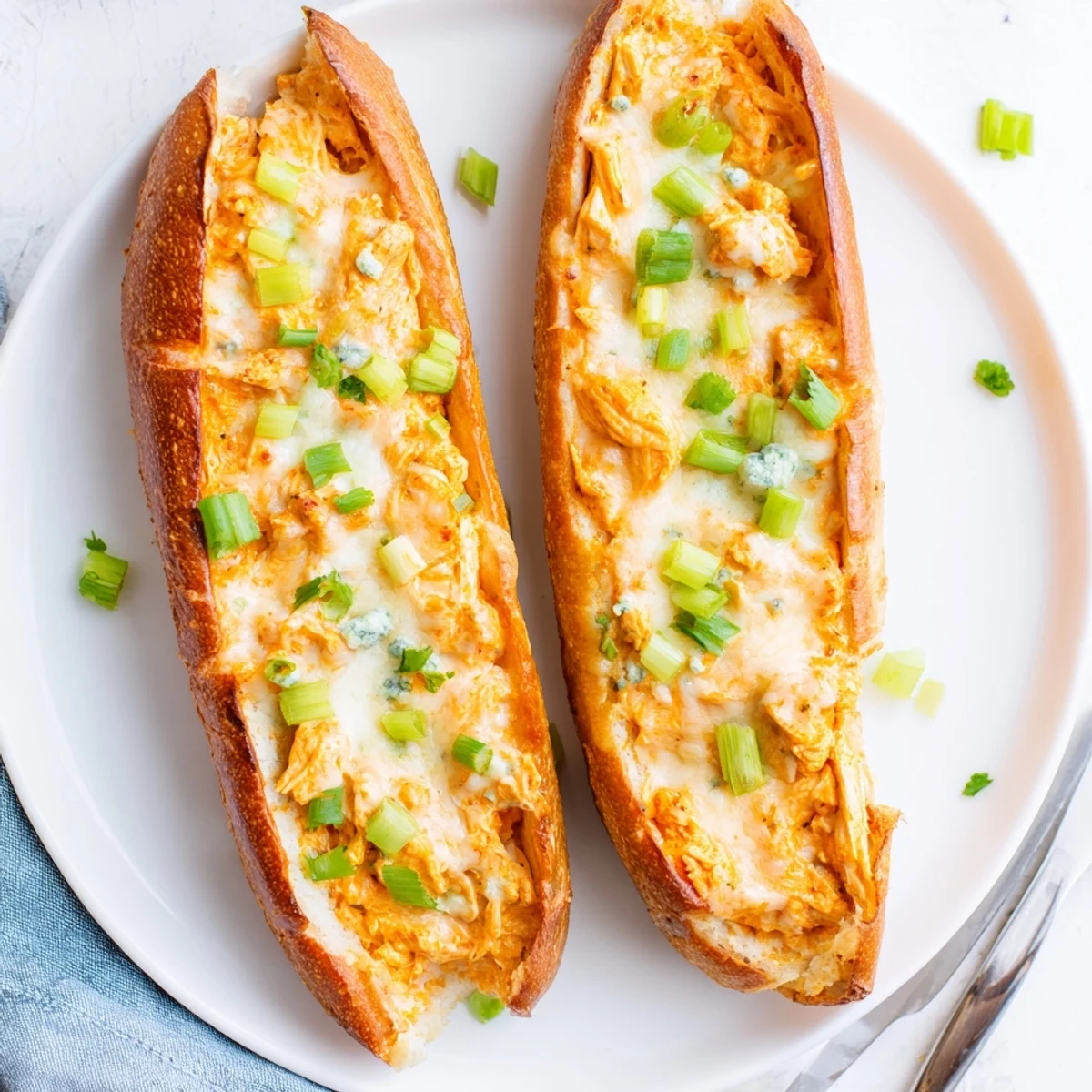 A crispy French bread loaf stuffed with Cheesy Buffalo Chicken Stuffed French Bread, featuring a creamy, spicy filling.