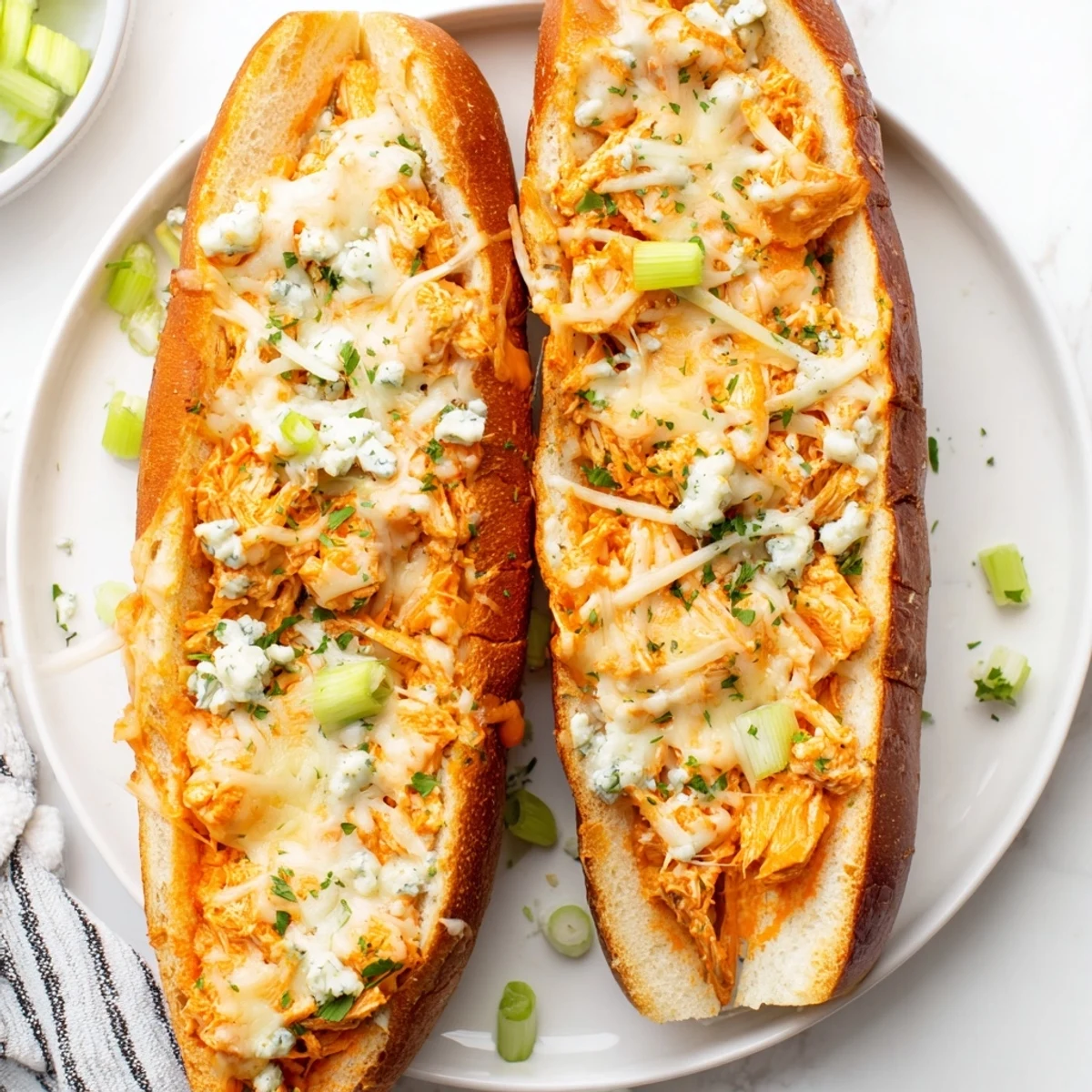 Serve this warm Cheesy Buffalo Chicken Stuffed French Bread with a side of crisp celery sticks and ranch dressing.