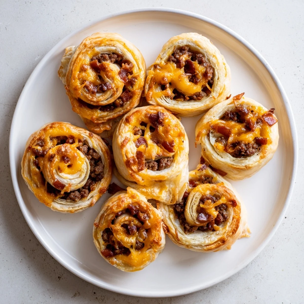 Freshly baked Cheesy Bacon Burger Rollups Puff Pastry Appetizer with melted cheddar oozing from the flaky crust.