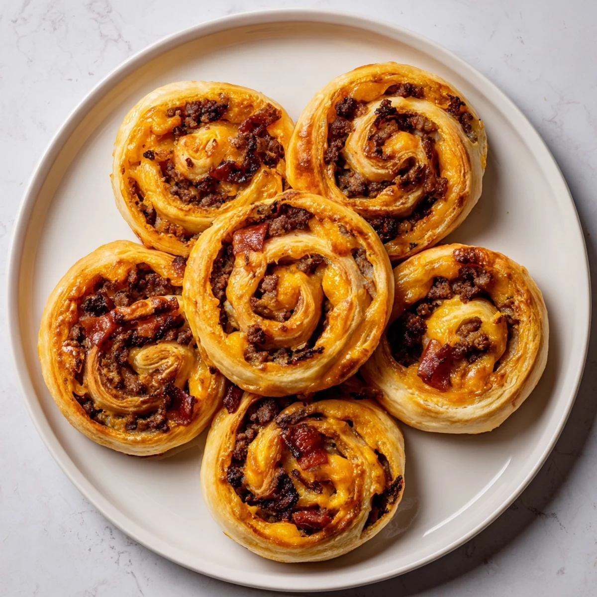 A close-up of Cheesy Bacon Burger Rollups Puff Pastry Appetizer served on a rustic wooden platter.