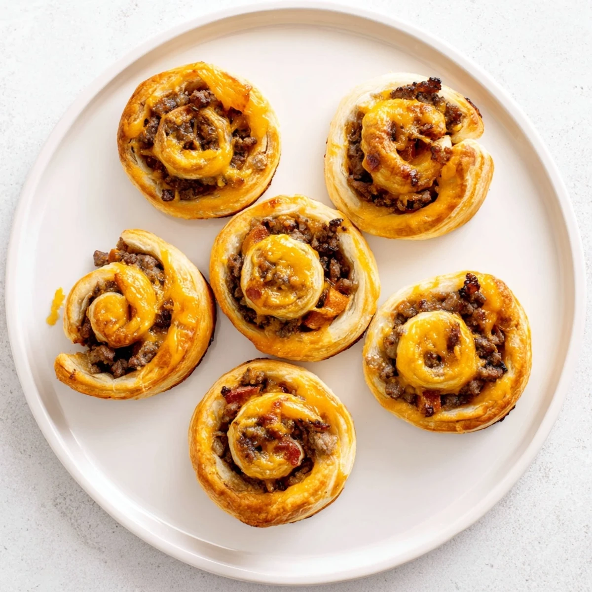 Golden Cheesy Bacon Burger Rollups Puff Pastry Appetizer arranged neatly with a side of tangy dipping sauce.