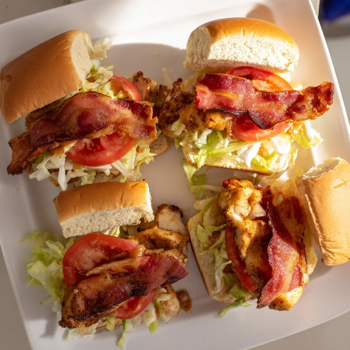 Honey Mustard BLT Chicken Sliders featuring juicy baked chicken, crispy bacon, and fresh lettuce on a toasted bun.