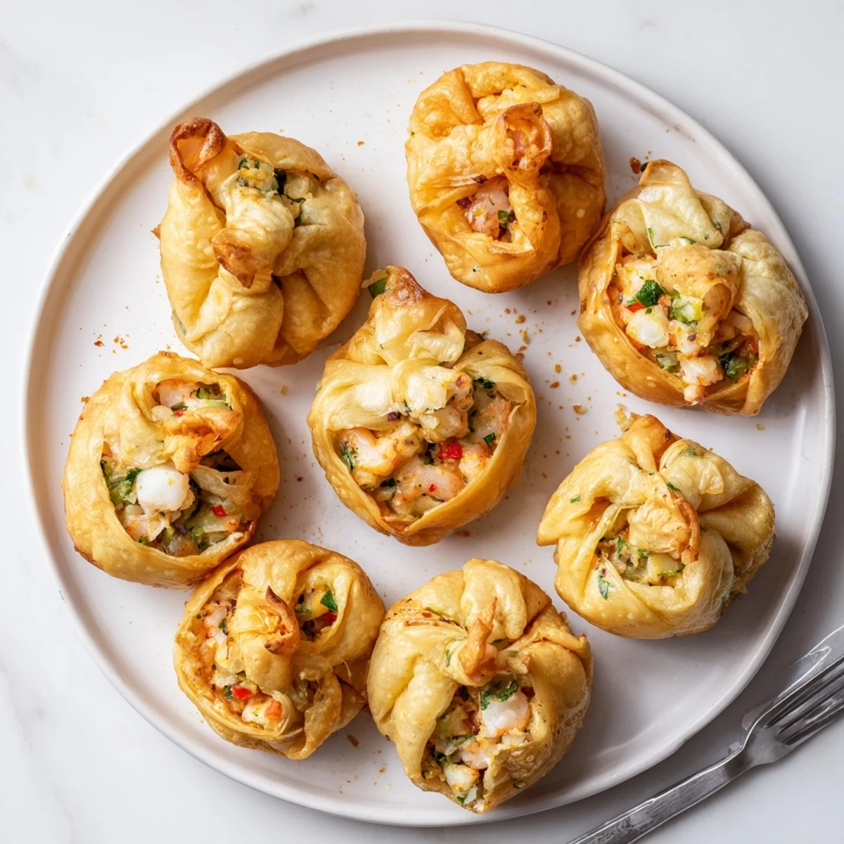 Golden-brown Cheesy Seafood Tortilla Bombs, crispy fried and stuffed with shrimp and crab filling.