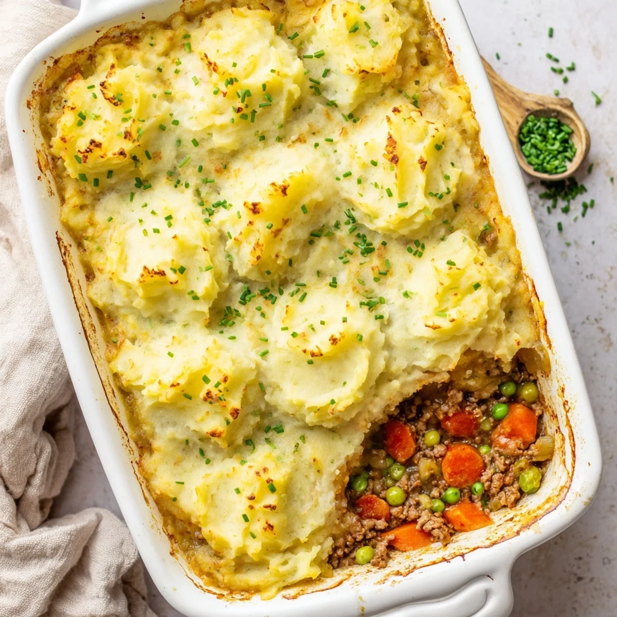 Golden-brown Shepherds Pie with Creamy Garlic Mashed Potatoes bubbling from the oven, served hot in a dish.